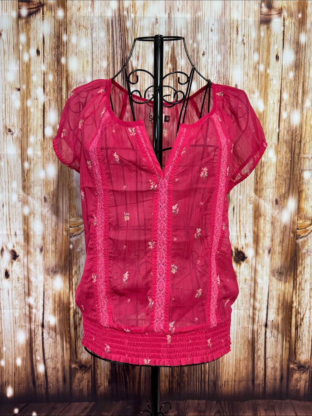 SO Sheer Hot Pink Floral Lace-Trim Blouse